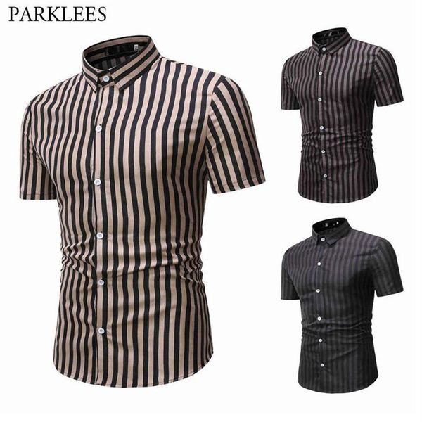 

men's casual shirts vertical stripes for men fashion splice short sleeve shirt lapel button down dress business chemise219p, White;black