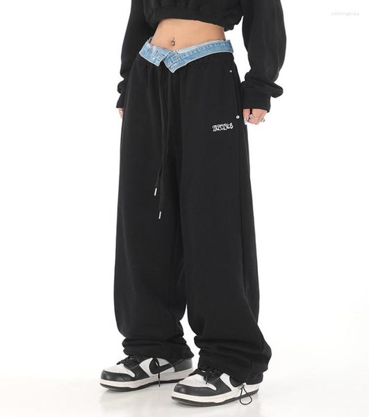 

women039s pants drawstring tie up patchwork women chic sweatpants 2023 autumn high waist loose wide leg trousers straight lady 3716635, Black;white