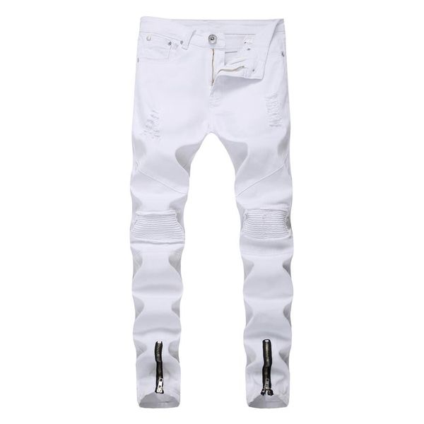 

men's jeans men white solid color frayed slim-fit bikes pencil pants classic business streetwear delivery343j, Blue