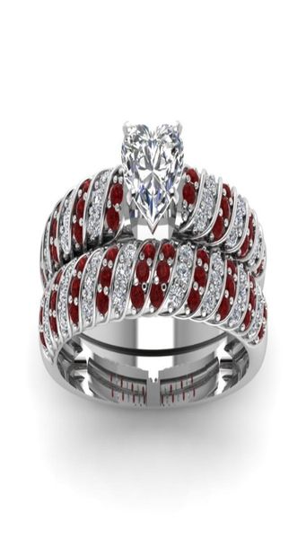 

new exquisite 2pcs set 925 silver heart shaped diamond ring ruby and white sapphire ring anniversary gift bridal engagement weddin4925921
