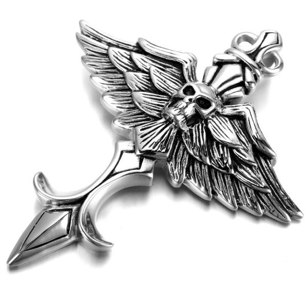 

new design mens gothic biker skull motorcycle stainless steel wing pendant necklace stainless steel men jewelry3785230, Silver