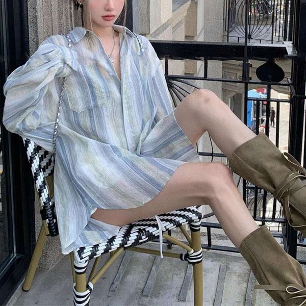 

morandi color cotton striped shirt for women summer design wide lazy long sleeved, White