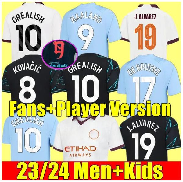 

haaland soccer jersey 23 24 de bruyne mans cities grealish mahrez foden gvardiol football shirt men kids kit sets alvarez uniforms fans treb, Black;yellow
