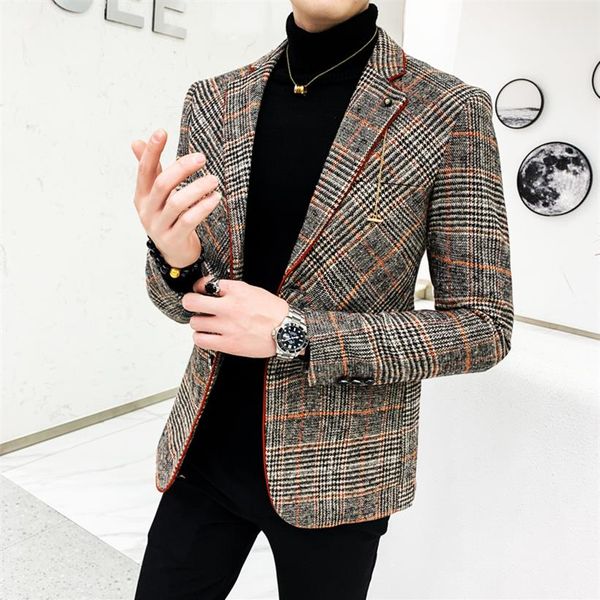 

luxury british style plaid blazers for men suit jacket casual woolen wedding dress coat single business male button veste costum276v, White;black