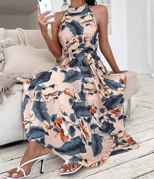

tropical print halter neck maxi dress she01234567897755295, Black;gray