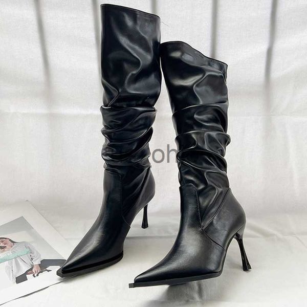 

boots pleated high heels knee high boots women 2023 autumn pu leather pointed toe cowgirl boots woman black white western long botas j230811