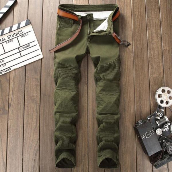 

men's jeans biker army green skinny slim fit patchwork stretch denim moto pants #7119-2238j, Blue