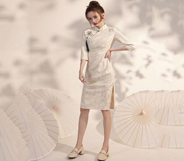 

casual dresses summer traditional chinese cheongsam dress women threequarter sleeve qipao bodycon short midlength vintage f8606160, Black;gray