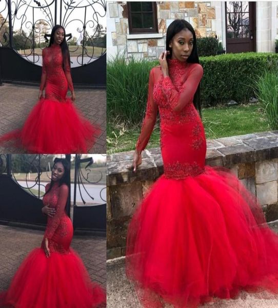 

black girls african mermaid prom dresses 2019 long sleeves evening dresses appliques high neck tiered floor length tulle party gow4917021
