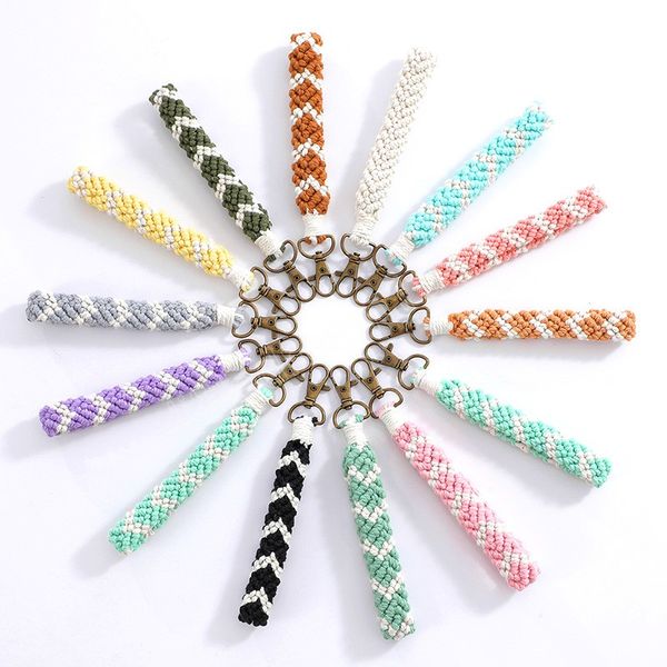 

boho style colorful braided keychains women girls hand-woven cotton rope macrame wristlet strap keyring hanging decorations, Silver