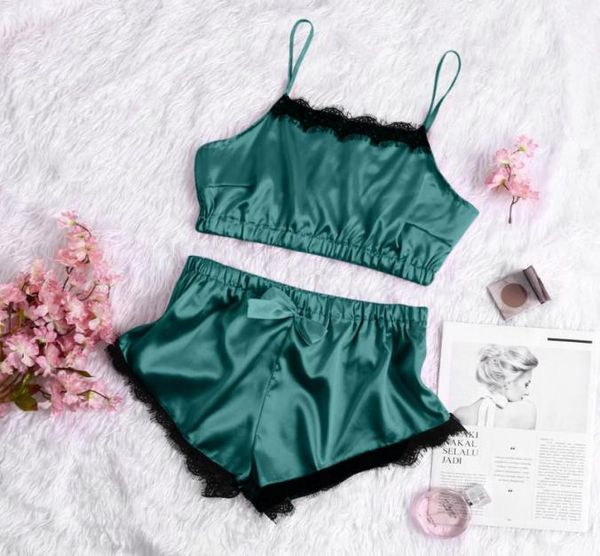 

summer spaghetti strap silk plus size home night wear sleep pyjamas set women pajamas shorts sleepwear wl bras sets3290599, Red;black