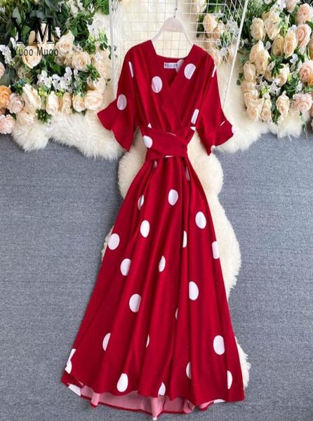 

vintage big polka dot print v neck bandage dress casual summer midi party women elegant swing red3154281, Black;gray