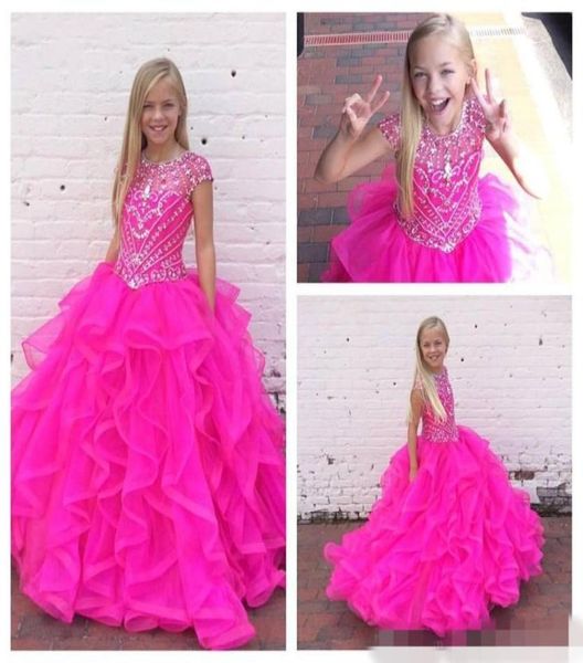 

fuchsia girls pageant dresses with cap sleeves and jewel neck tiers layers ruffles organza ball gown girls holiday gowns custom ma7126955, White;red