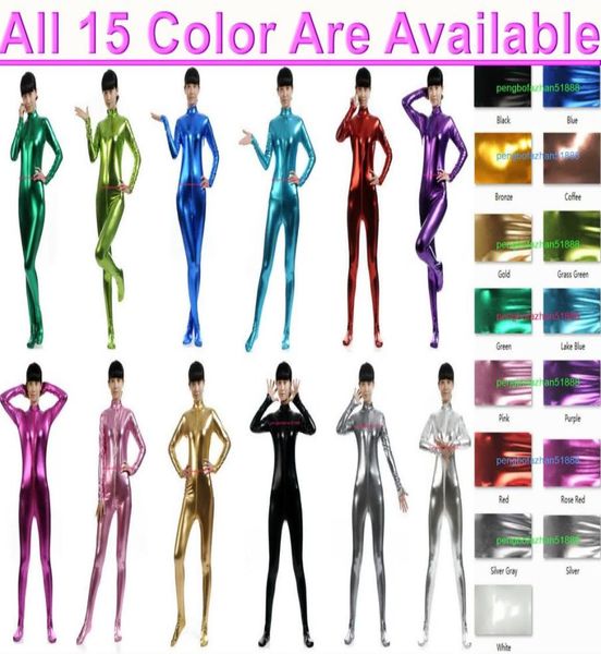

15 color shiny lycra metallic women039s catsuit costume front long zipper women tights body suit costumes halloween party 2141902, Black