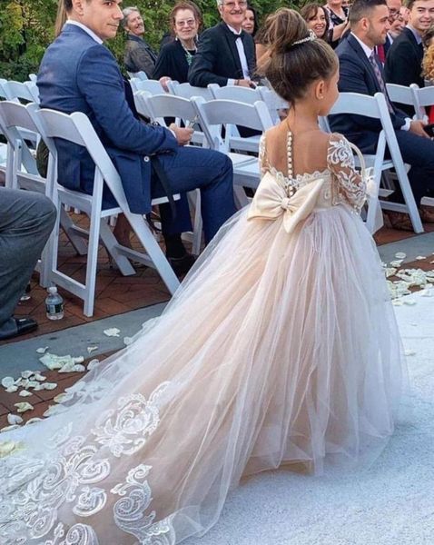 

cute long sleeve flower girls dresses luxury lace applique with big bow little princess wedding party birthday infant dress4686239, White;blue