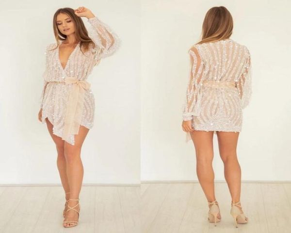 

chic long sleeves cocktail dresses with belt v neck beads sequined mini party prom gowns short dress club wear3897958, Black