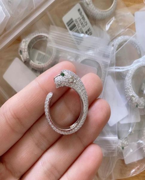 

luxury s925 sterling sier leopard full diamond ring fashion green eye panther style personalized wild couple open rings277n8513895, Slivery;golden