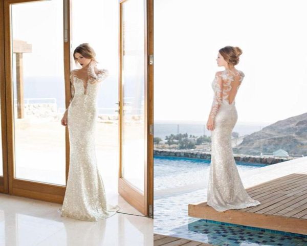 

unique sparkle sequined wedding dresses sheer neck long sleeves floor length 2021 custom made bridal gowns2184730, White