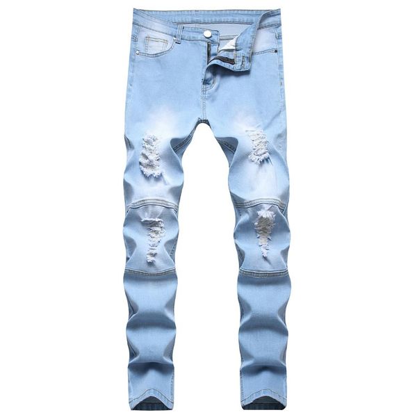 

men's jeans man white mid high waist stretch denim pants ripped slim skinny fold for men jean casual fashion personality pant2730, Blue