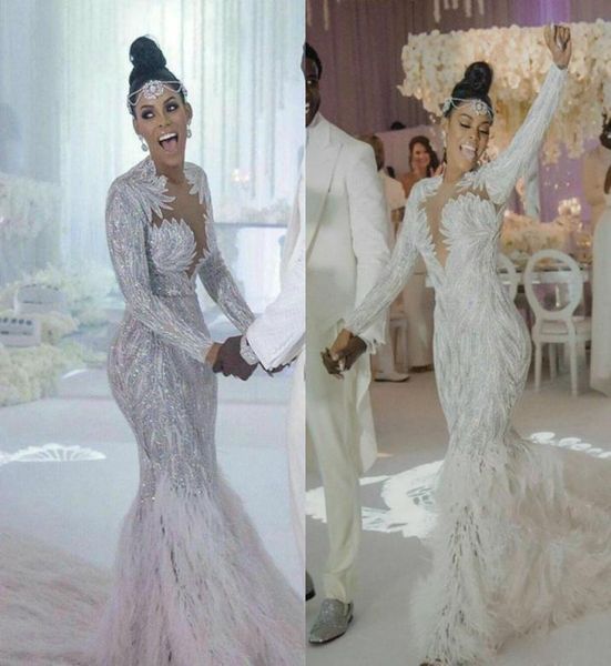 

2020 luxury arabic mermaid wedding dresses jewek neck beading sequins trumpet wedding dress long sleeve feather vestidos de novia 8184632, White