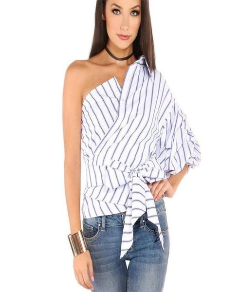 

women shirts irregular oblique shoulder striped shirt spring summer autumn ladies clothing chic personality blouses318i3898200, White