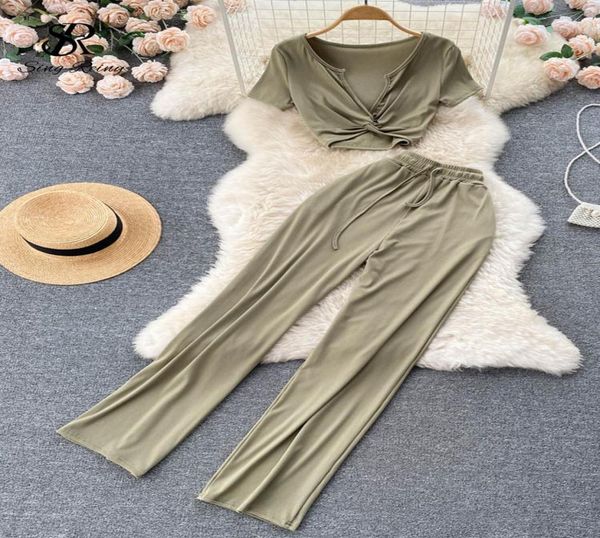 

women039s two piece pants singreiny women summer set 2022 v neck elastic waist short sleeves wide leg track suits elegant 5414159, White