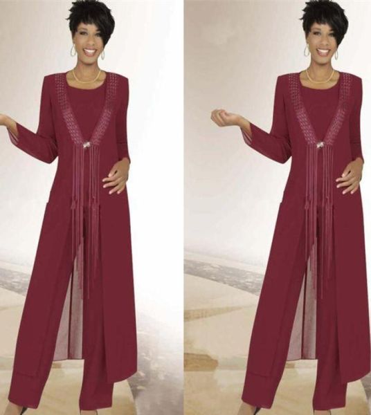 

burgundy chiffon bridal pant suits wedding mother of the bride suits with long jacket tassel formal evening party outfits with wra5562552, Black;red