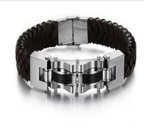 

2013 new style 48g fashion jewelry genuine leather stainless steel mens 12mm bracelet silver4604614, White