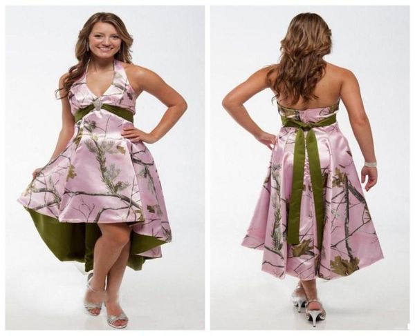 

2018 halter pink camo high low camouflage bridesmaids dresses custom real tree short plus size formal honor of maid guest formal w4504185, White;pink