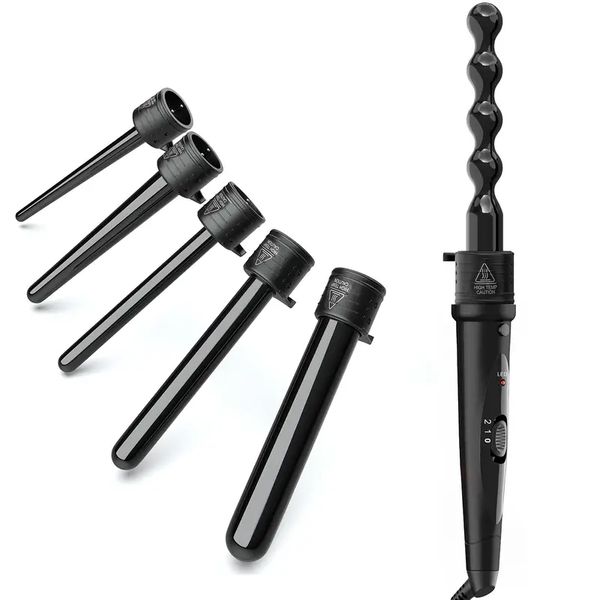 

6-in-1 curling iron wand set, 5pcs curling wand set 0.35 to 1.26 inch interchangeable ceramic barrel with heat protective glove, dual voltag