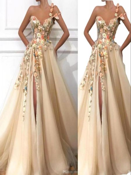 

2023 luxurious champagne evening dress a line one shoulder lace appliques 3d floral flowers beaded split special occasion prom dre6347431, Black;red