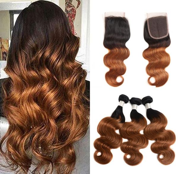 

ombre brazilian virgin hair body wave bundles with lace closure 1 b30 ombre 3 bundles with 44 closure human hair extensions4136988, Black;brown