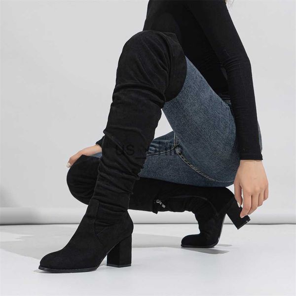 

boots bonjomarisa 2023 brand new high heeled women boots square toed zip over the knee long flock patent femal shoes j230811, Black