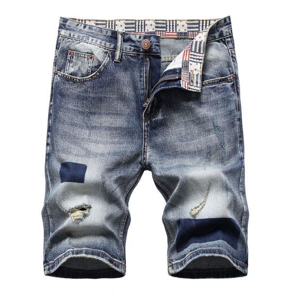 

men designer printed denim shorts summer pocket big size casual ripped distressed holes mens jeans slim fit men's shorts trou249z, Blue