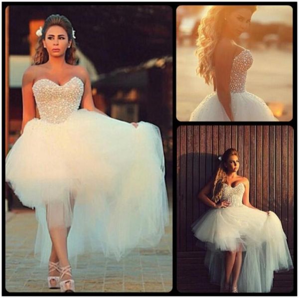 

2018 gorgeous sweetheart neckline sleeveless pearls beaded tulle high low wedding dresses short beach bridal wedding dress39156063246662, White