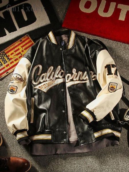 

mens jackets gmiixder american pu leather baseball uniform autumn winter thickened bomber jacket loose casual patch design men clothing 2308, Black;brown