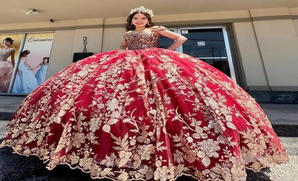 

burgundy gold quinceanera dress 2023 straps neck sparkle floral sequins beading tulle puffy sweet 16 gowns vestidos de 15 anos lac1756172, Red