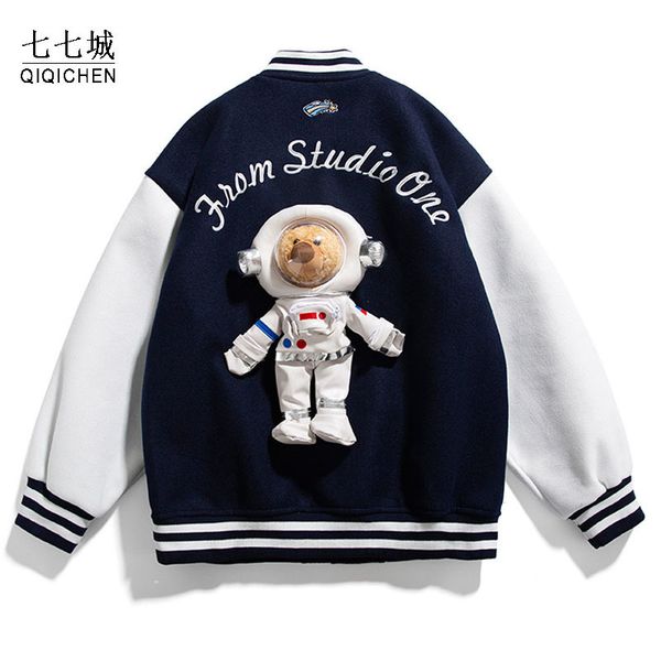 

men's jackets bomber jacket men women teddy astronaut doll autumn patchwork oversize baseball varsity campus casual coat 230810, Black;brown