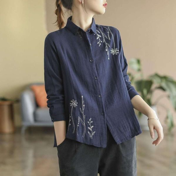 

cotton blouse ladies long sleeved shirt loose retro floral embroidered, White