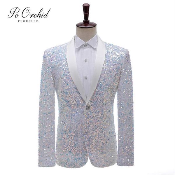 

bling white sequin blazer men shawl lapel dj club stage singer clothes nightclub wedding party jacket homme men's suits & bla265t, White;black