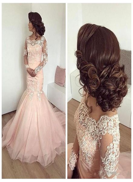 

vintage light pink mermaid arabic formal evening dresses 2018 lace appliques long sleeves women plus size prom party gown9221177, Black