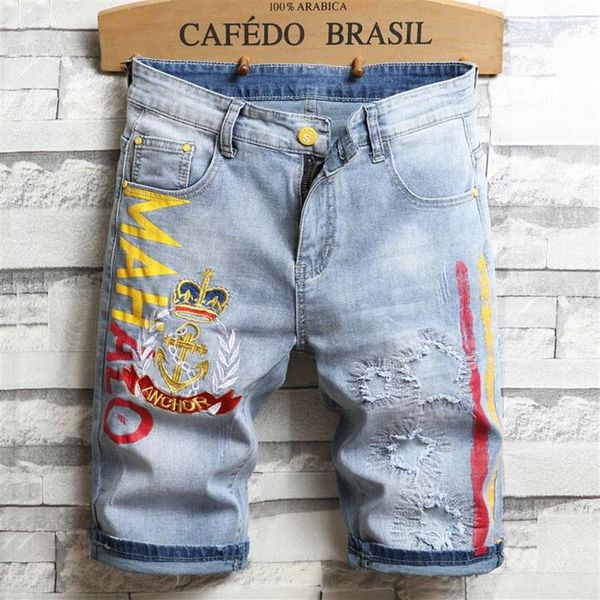 

men embroidery blue jeans denim shorts summer designer men's badge patckwork bleached retro big size letters patches short pa291z