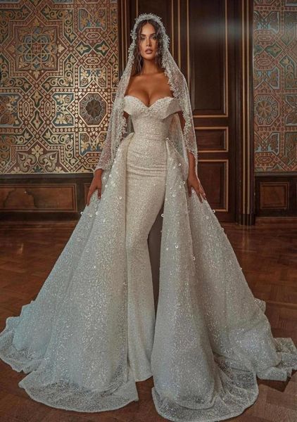 

middle east elegant sparkling plus size mermaid wedding dresses sequins overskirts bridal gowns off shoulder detachable wedding dr1528410, White