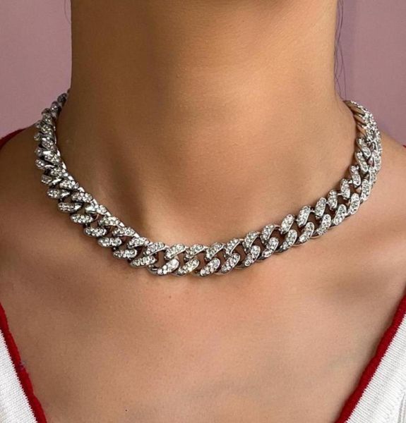 

chains punk crystal buckle miami thick cuban choker necklace for women iced out full rhinestone chunky metal necklaces1336934, Silver