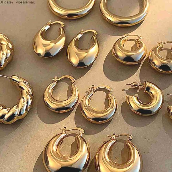 

2023 new 18k gold plated smooth metal chunky hoop earrings retro thick huggie earring for women round circle statement jewelry, Golden