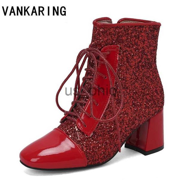 

boots laceup ankle boots for women autumn winter glitter high heel handmade female booties gold silver warm casual shoes botas mujer j230811, Black