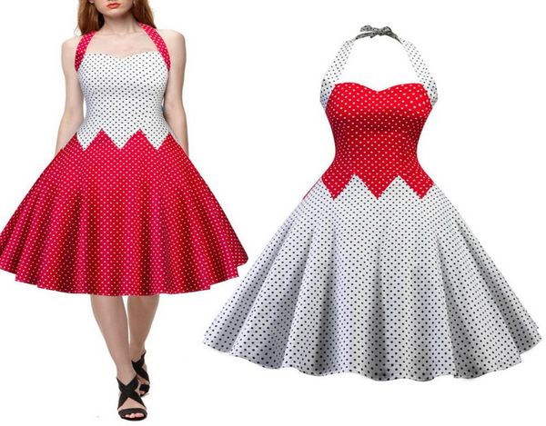 

women summer halter vintage red black polka dot dress retro cocktail party 50s 60s rockabilly bandage swing dresses dk4033sy dorp5502734, White;black