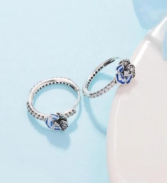

2022 spring new authentic 925 sterling silver blue pansy flower hoop earrings luxury for women girls fit p fashion jewelry brincos wholesale, Golden;silver
