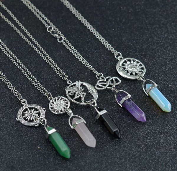 

natural stone healing point pendant necklaces angel heart sun charm crystal stone quartz hexagonal necklaces for women fashion jew5806545, Silver