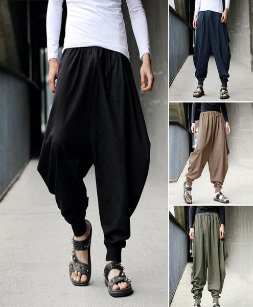 

men039s pants 2022 men casual hakama japanese wide leg trousers loose cotton long harem baggy7165991, Black